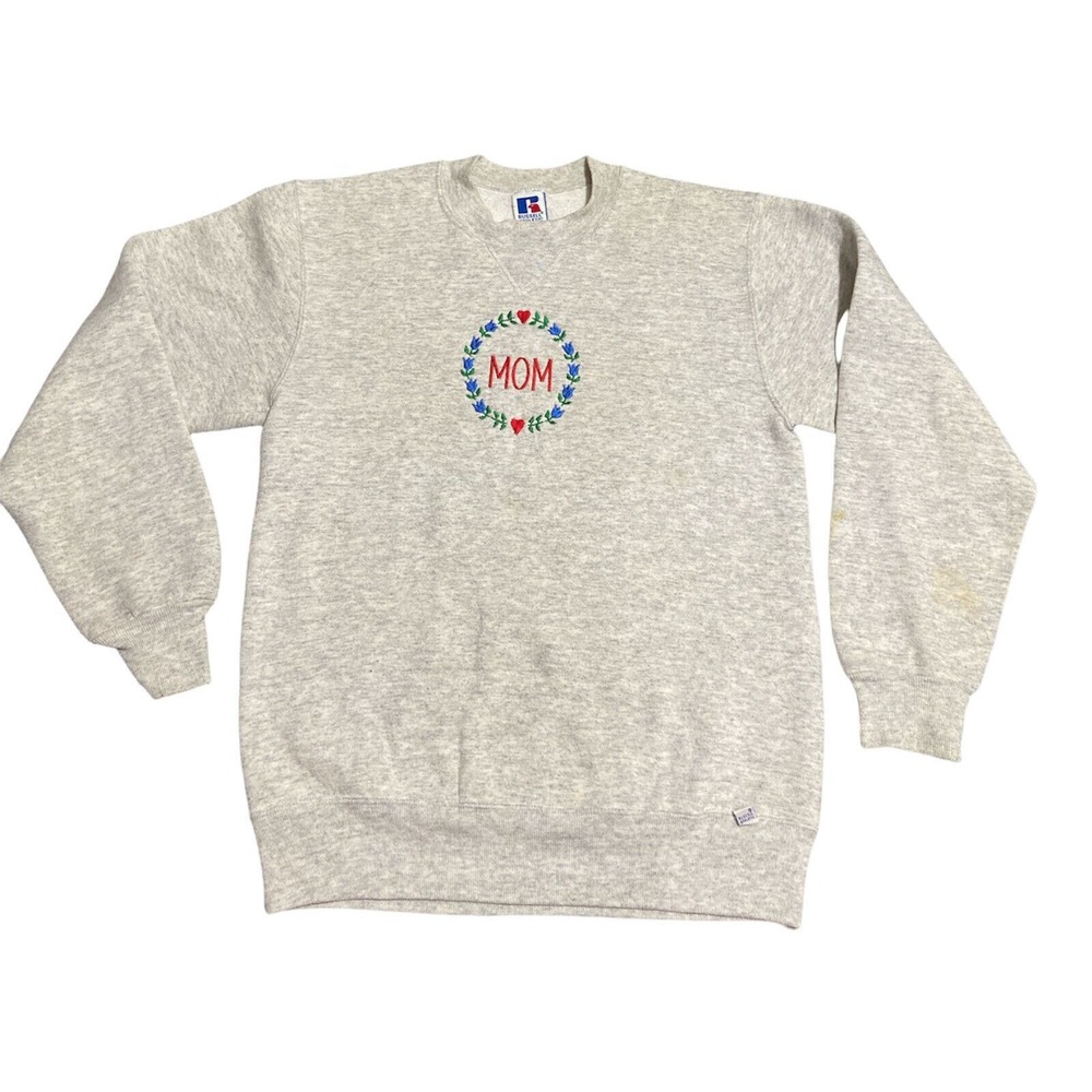 VTG Embroidered Russell Mom  Sz M Gray‎ Pullover Sweatshirt Made USA Spellout